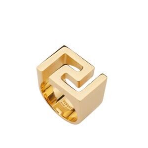 NIB Versace Statement Ring Size 15 US 7 Gold Tone Cutout Greca Icon Logo $450